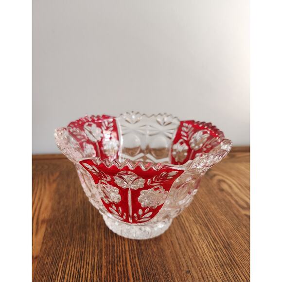 Vtg Anna Hutte Bleikristall Red Flash Roses Candy Dish 24% lead Crystal - Picture 4 of 4